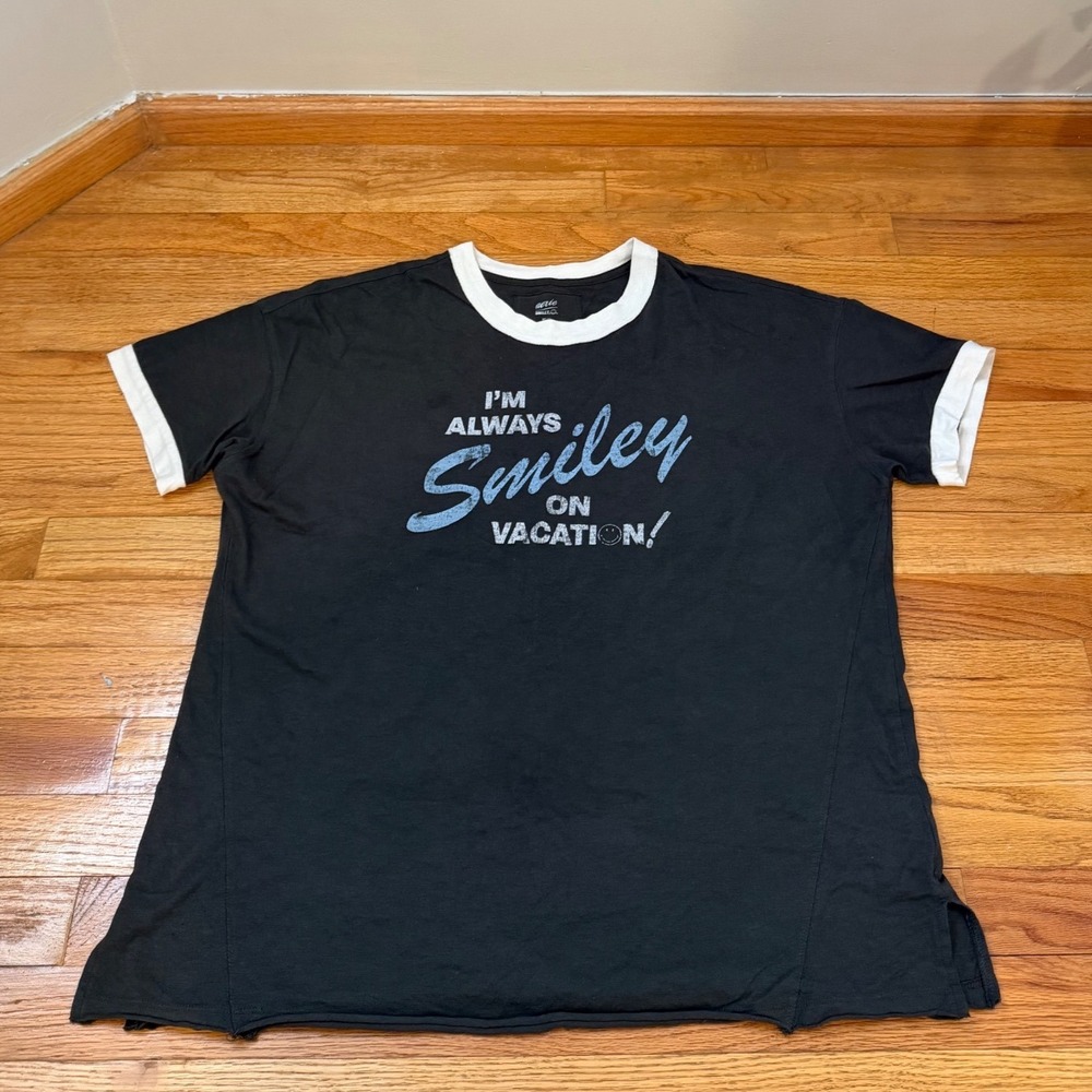 Aerie Smiley Company Boyfriend Ringer Tee Black Graphic T-Shirt Womens XS TP